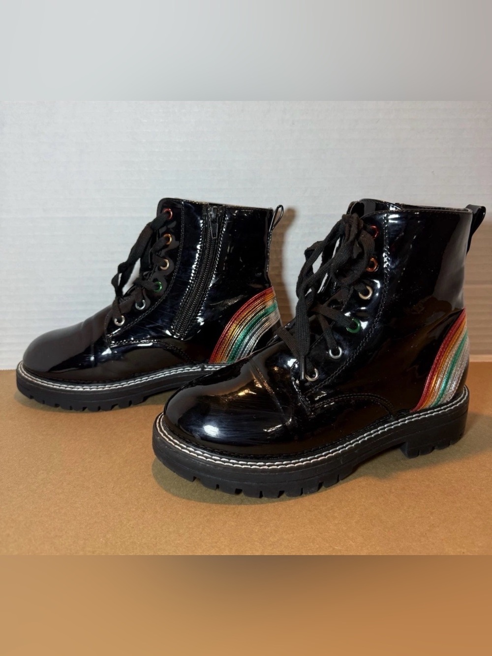 Mia Shoes Black Patent Kids Lace-Up Boots with Rainbow Accent